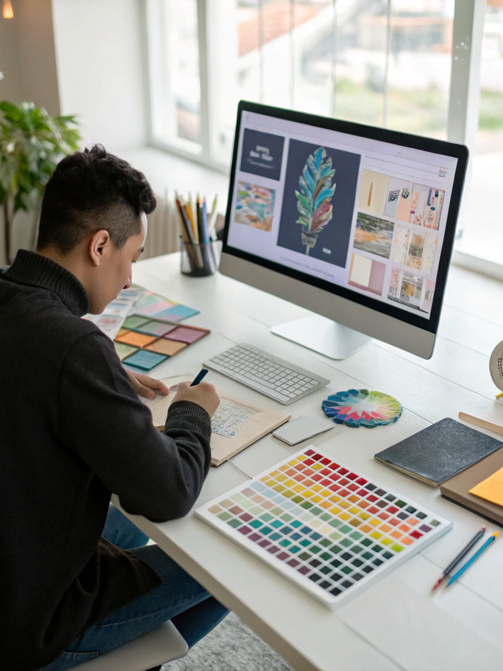Designer travaillant sur une identité visuelle dans un studio créatif